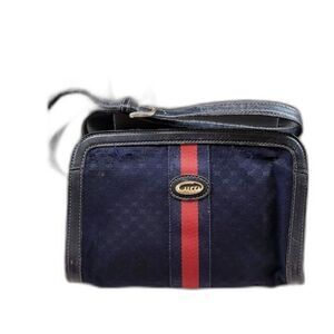Vintage Gucci GG Monogram Navy Red Web Stripe Leather Trim Crossbody Bag Zip Top